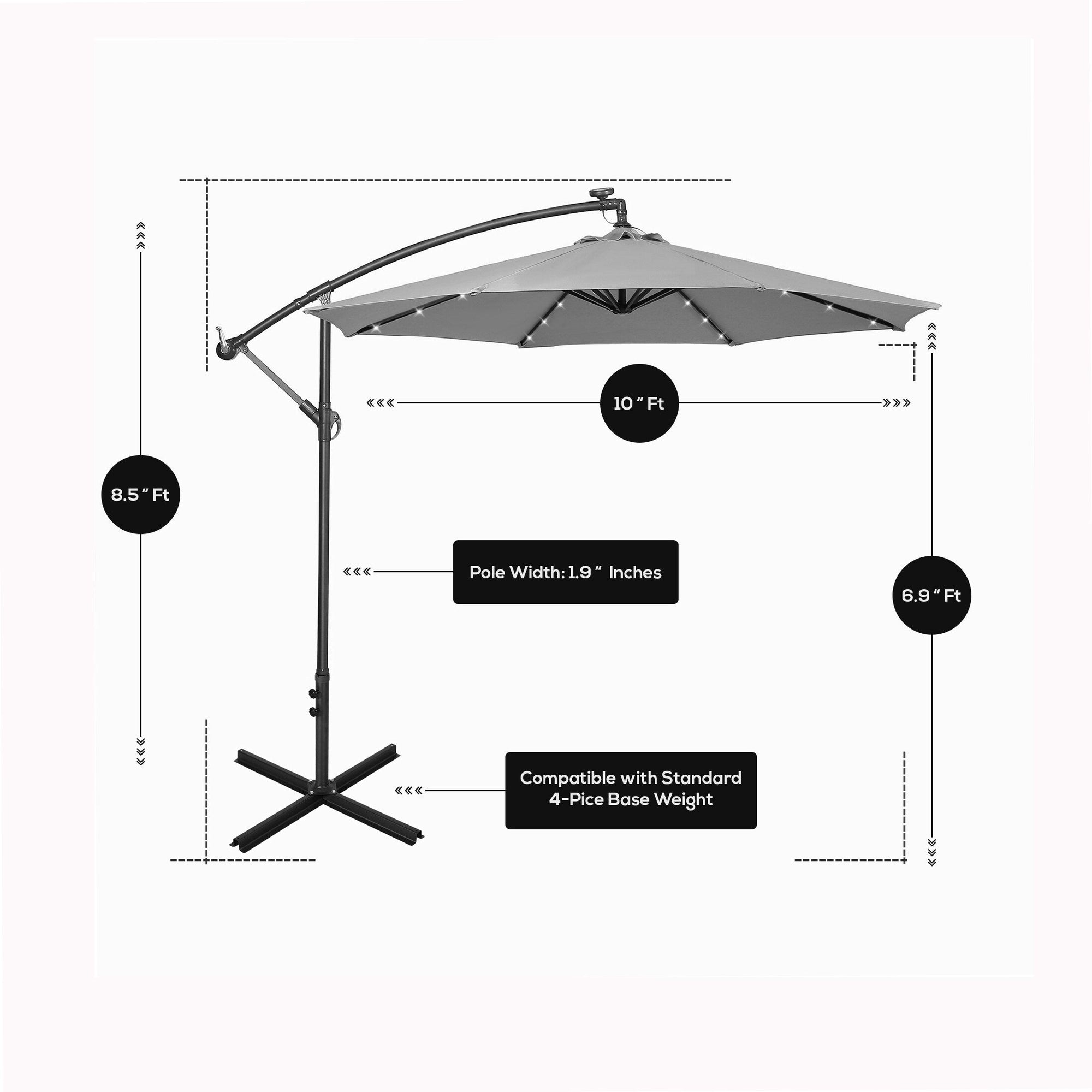 Parasol de terrasse lumineux à énergie solaire de 3 m avec pied