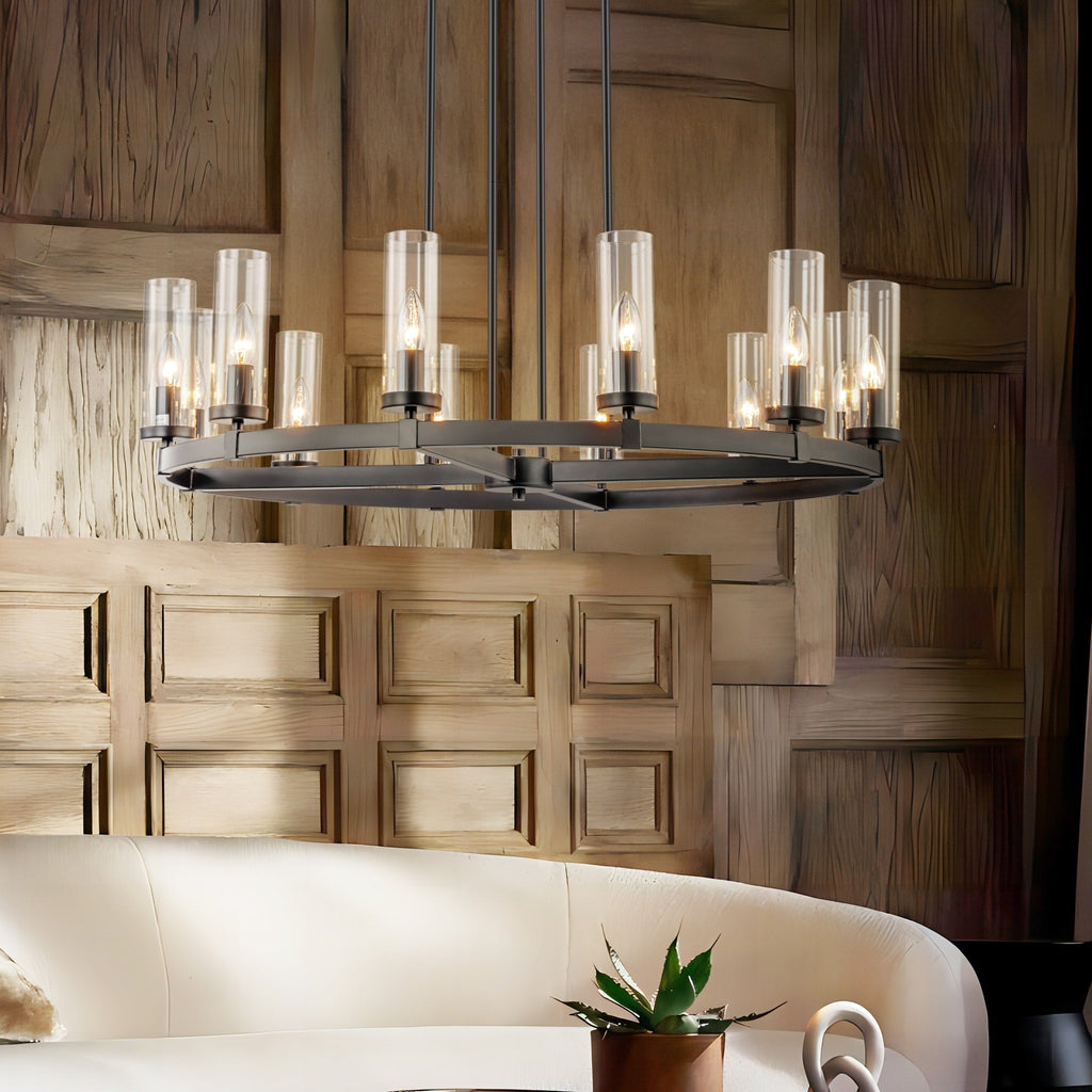 Lustre cylindrique moderne du milieu du siècle à 12 lumières en verre transparent, forme de roue de chariot, or et noir, grand modèle