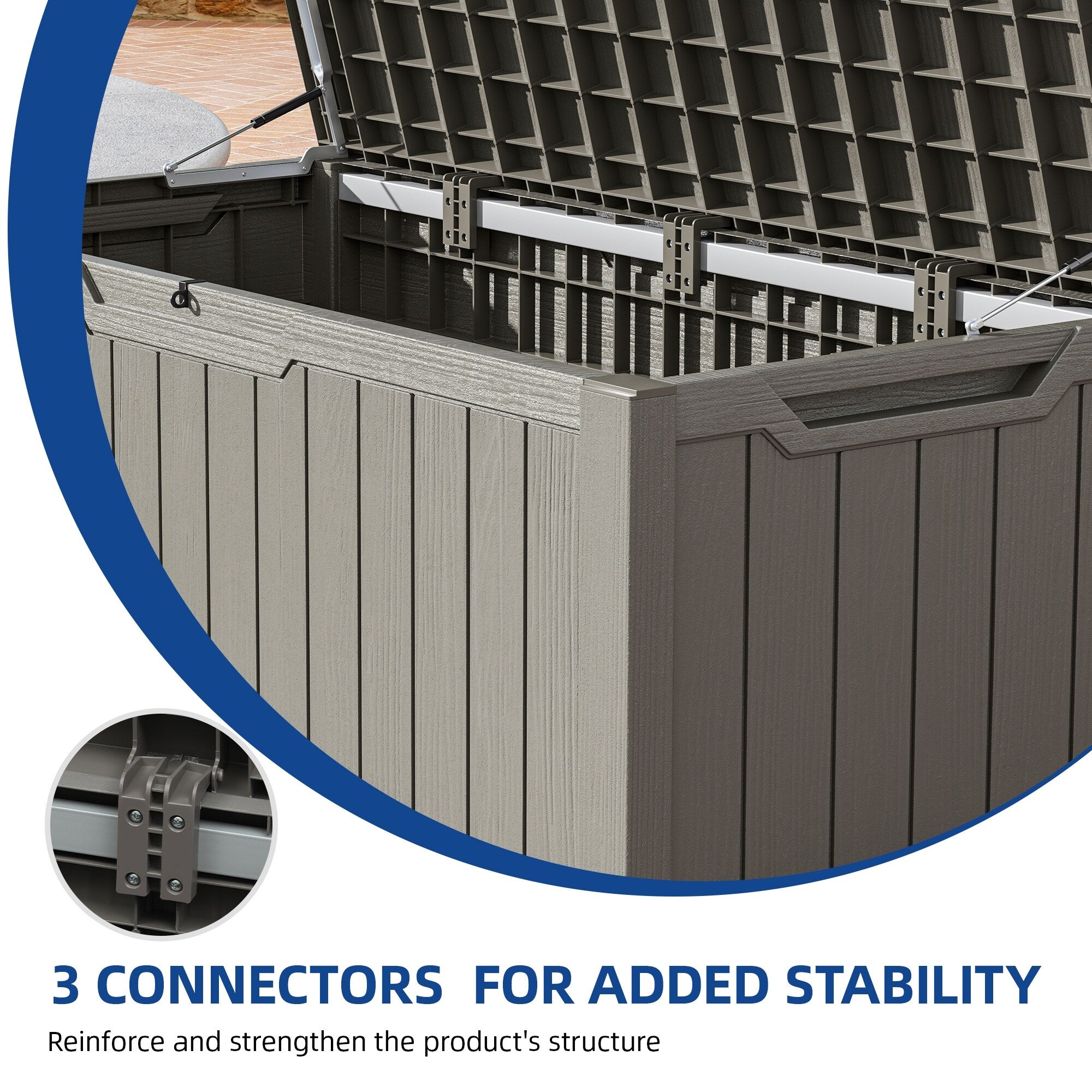 Coffre de terrasse verrouillable en résine résistante à l'eau, grande capacité (120-260 gallons).