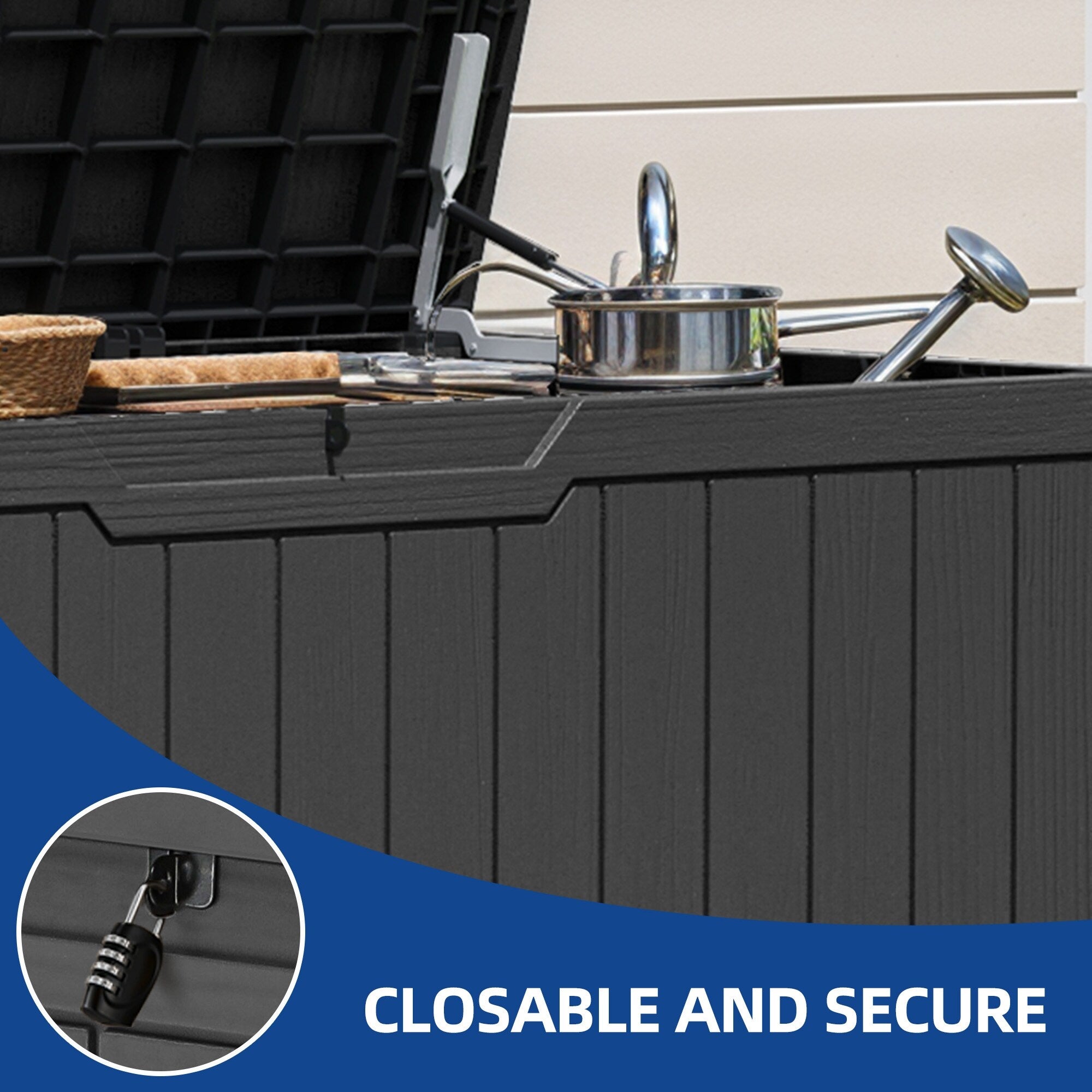 Coffre de terrasse verrouillable en résine résistante à l'eau, grande capacité (120-260 gallons).