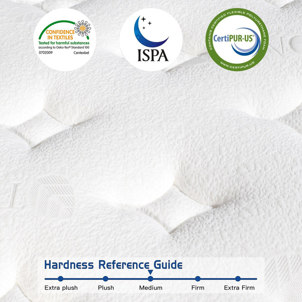 Matelas hybride en mousse à mémoire de forme de fermeté moyenne, livré dans une boîte.