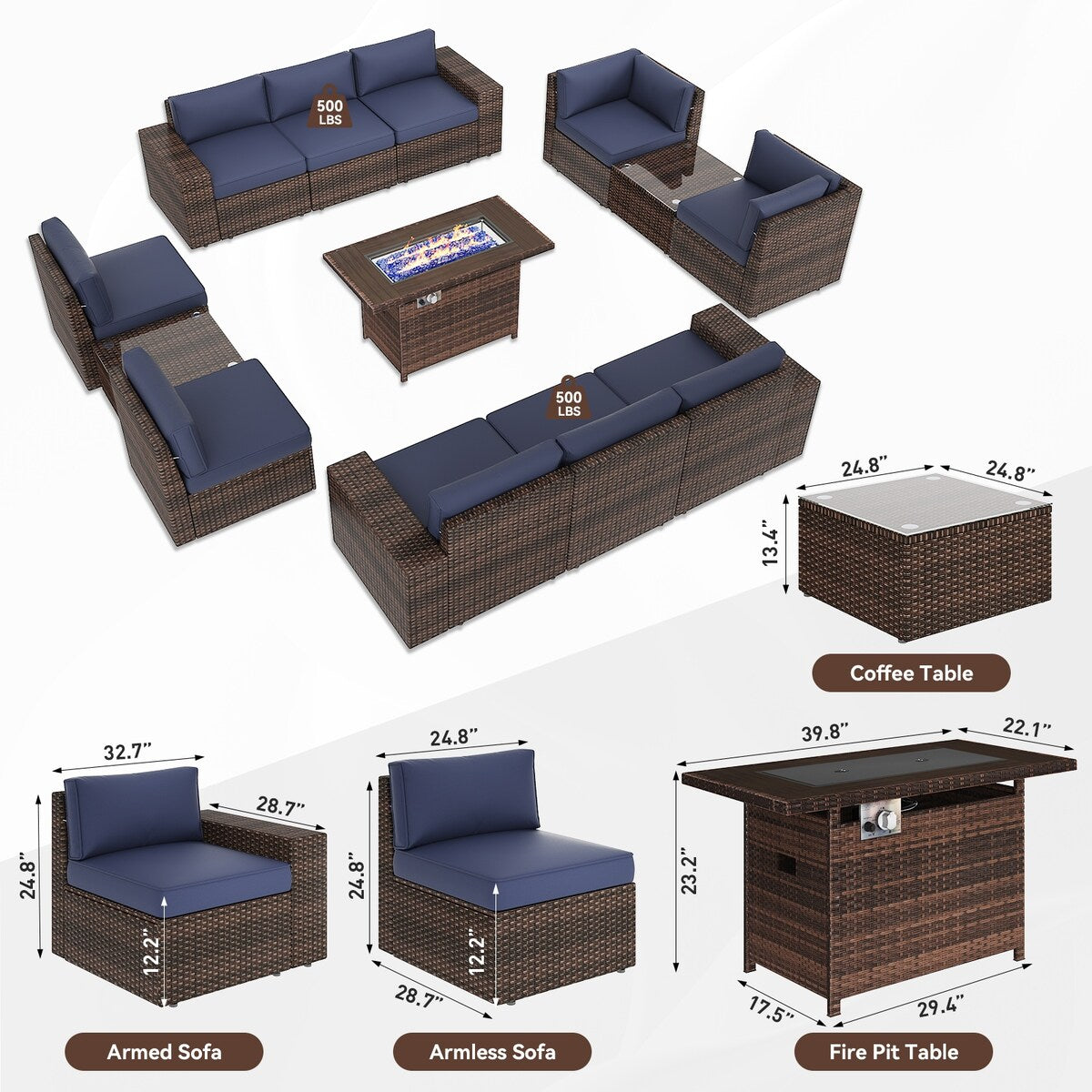 Ensemble de mobilier de patio 13 pièces avec table de foyer de 44 pouces