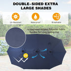 Parasol de marché d'extérieur rectangulaire de 4,57 m (15 pieds) à manivelle, double face, avec éclairage solaire LED et base incluse.