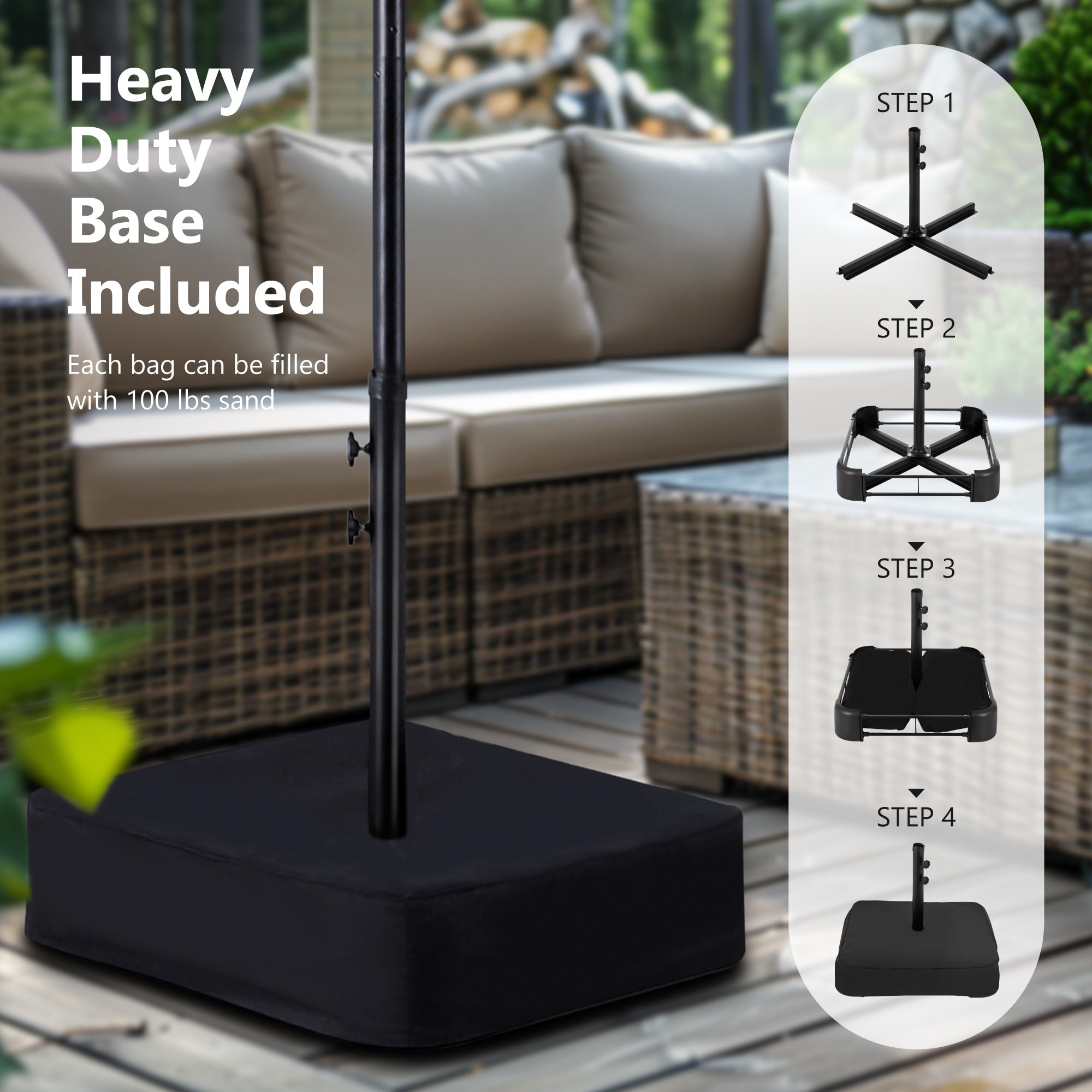 Parasol de marché d'extérieur rectangulaire de 4,57 m (15 pieds) à manivelle, double face, avec éclairage solaire LED et base incluse.