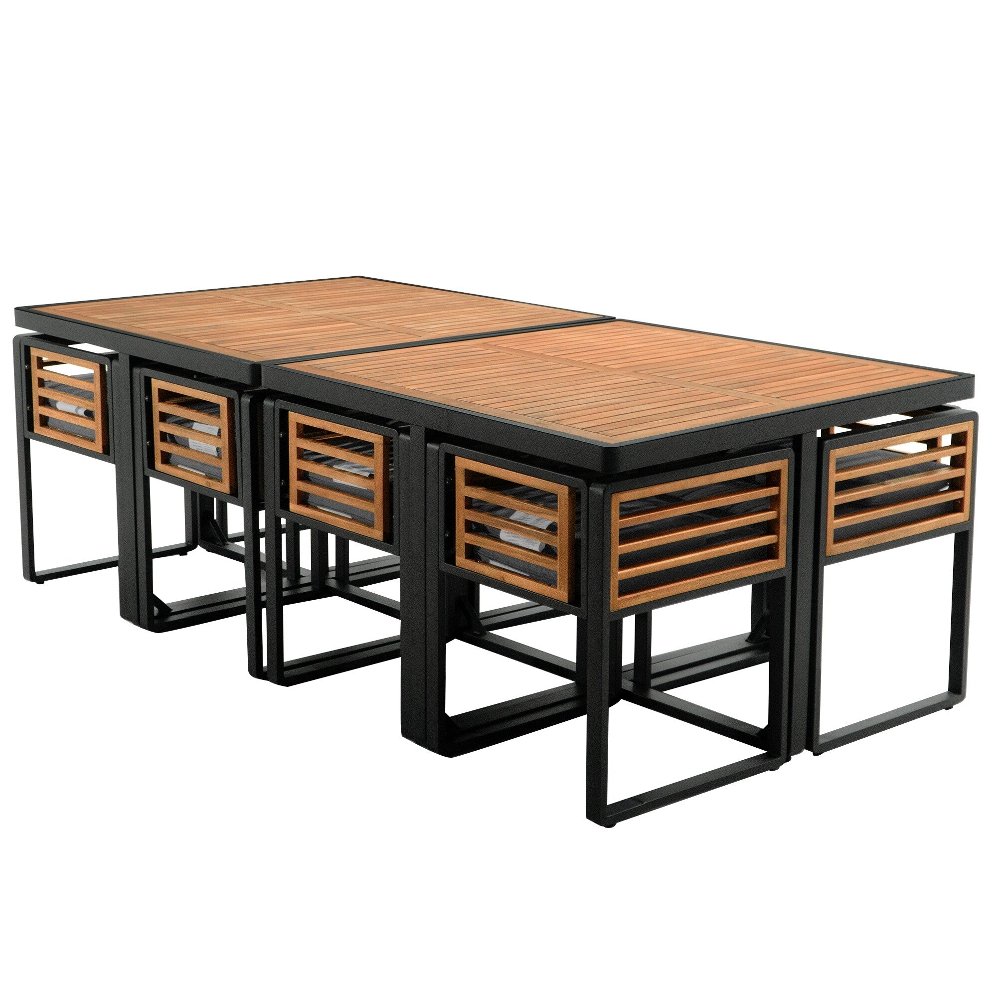 Ensemble de salle à manger de patio en bois d'acacia 18 pièces, comprenant 8 chaises rembourrées, 8 poufs et 2 tables carrées