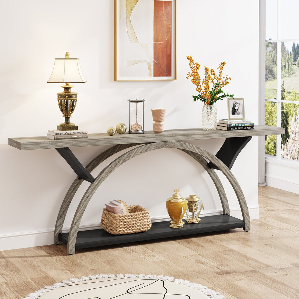 Console allongée et étroite à 2 niveaux avec cadre semi-circulaire pour entrée, table d'appoint grise pour couloir