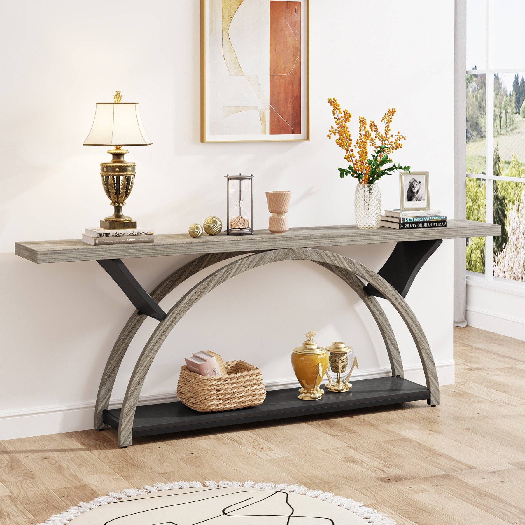 Console allongée et étroite à 2 niveaux avec cadre semi-circulaire pour entrée, table d'appoint grise pour couloir