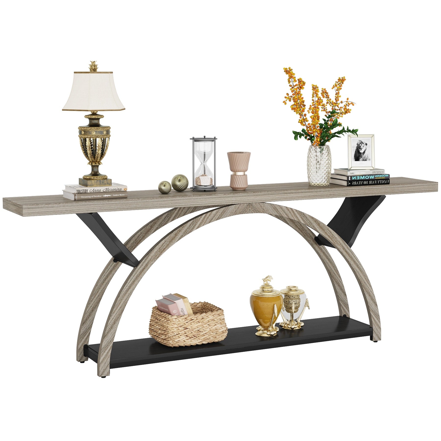 Console allongée et étroite à 2 niveaux avec cadre semi-circulaire pour entrée, table d'appoint grise pour couloir