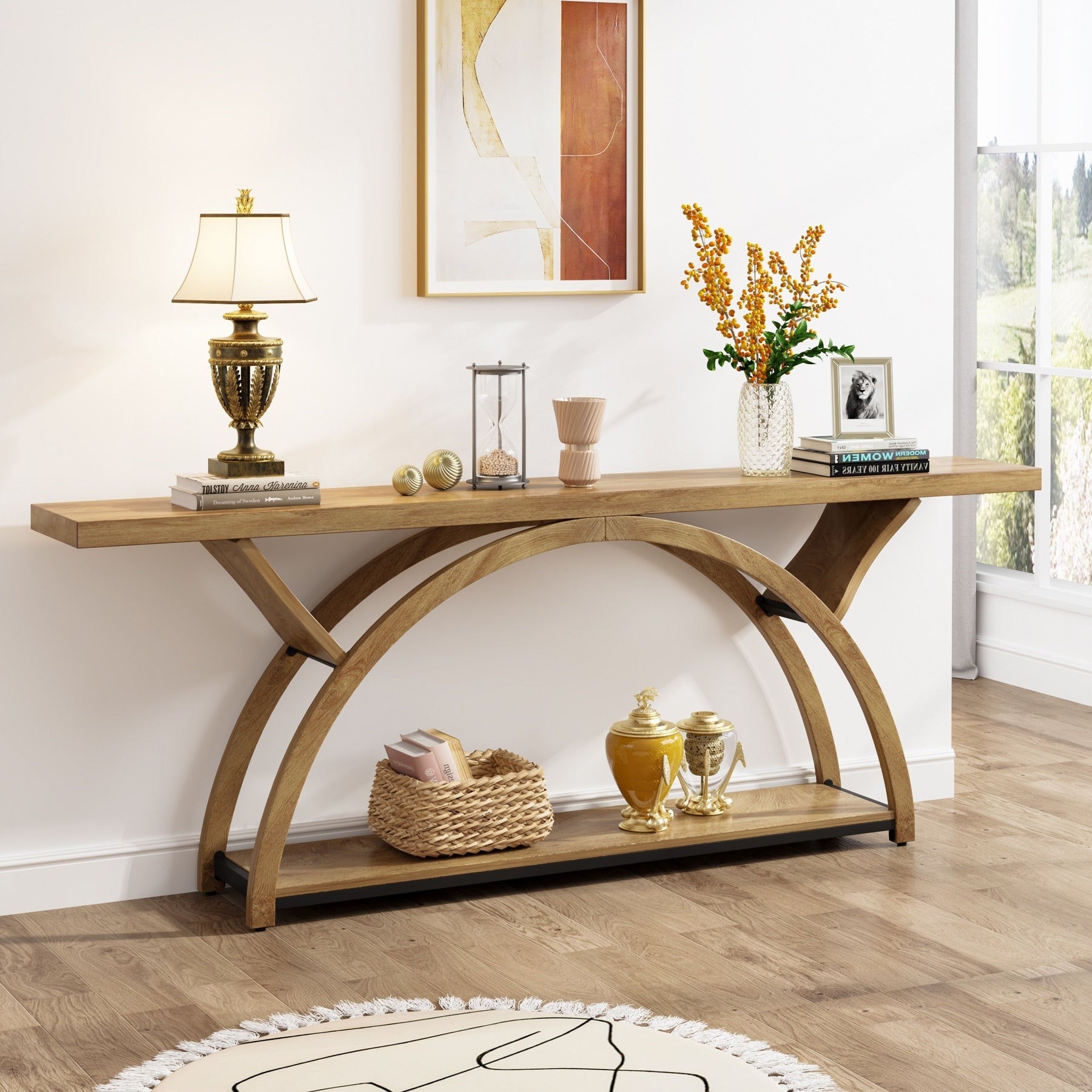 Console allongée et étroite à 2 niveaux avec cadre semi-circulaire pour entrée, table d'appoint grise pour couloir