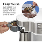 Cafetière 2 en 1 (12 tasses) et dosette individuelle, carafe en verre, pause et versement automatiques, blanche