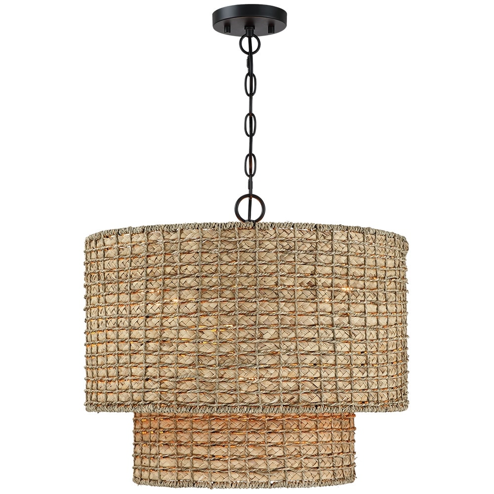 Suspension traditionnelle en rotin naturel à 4 lumières, abat-jour tambour noir, coloris noir/terre, 51 cm (20 po) de largeur