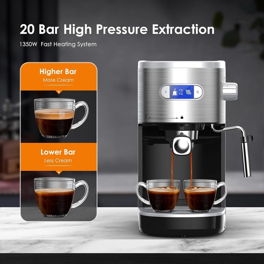 Machine à expresso 20 bars avec mousseur à lait et buse vapeur, idéale pour la maison et les amateurs de café. Cadeau parfait pour les passionnés de café.