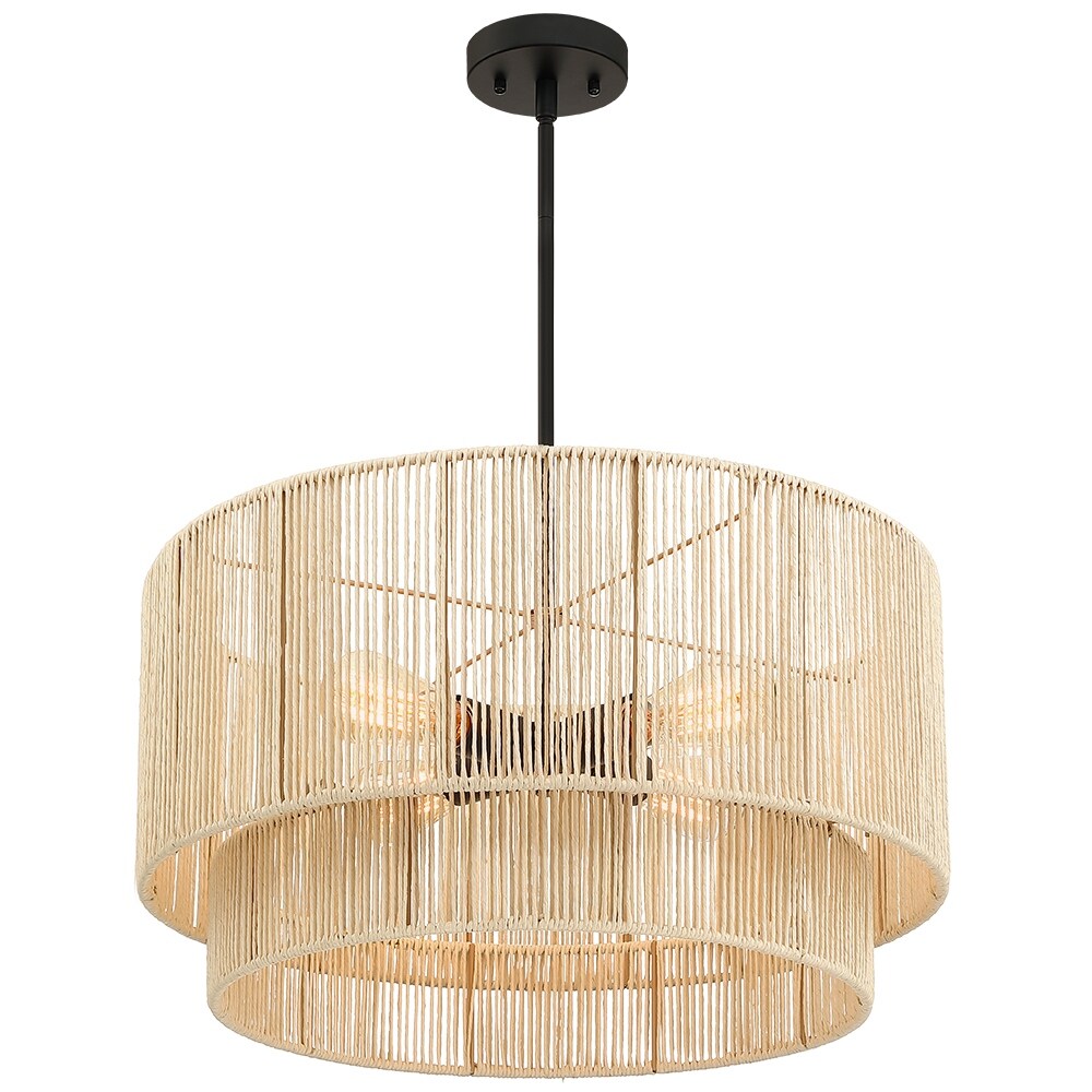 Lustre tambour étagé en rotin à 4 lumières avec rosace noire - 56 cm (22 po) de largeur
