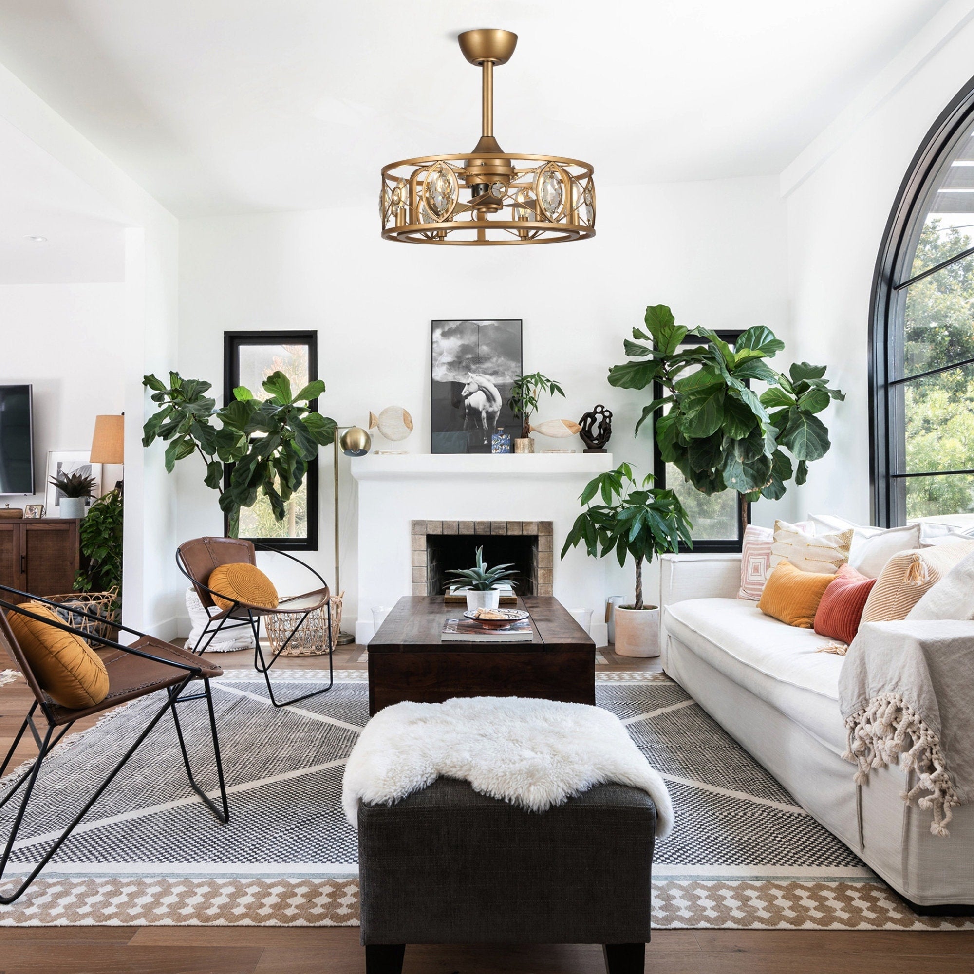 Lustre ventilateur de plafond moderne à cage en cristal de 22 pouces avec télécommande