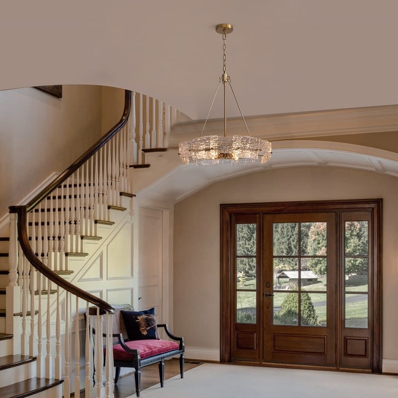 Lustre moderne en cristal doré de 60 cm (23,6 po) avec suspension tambour glamour à 6 lumières, idéal pour îlot de cuisine ou salle à manger.