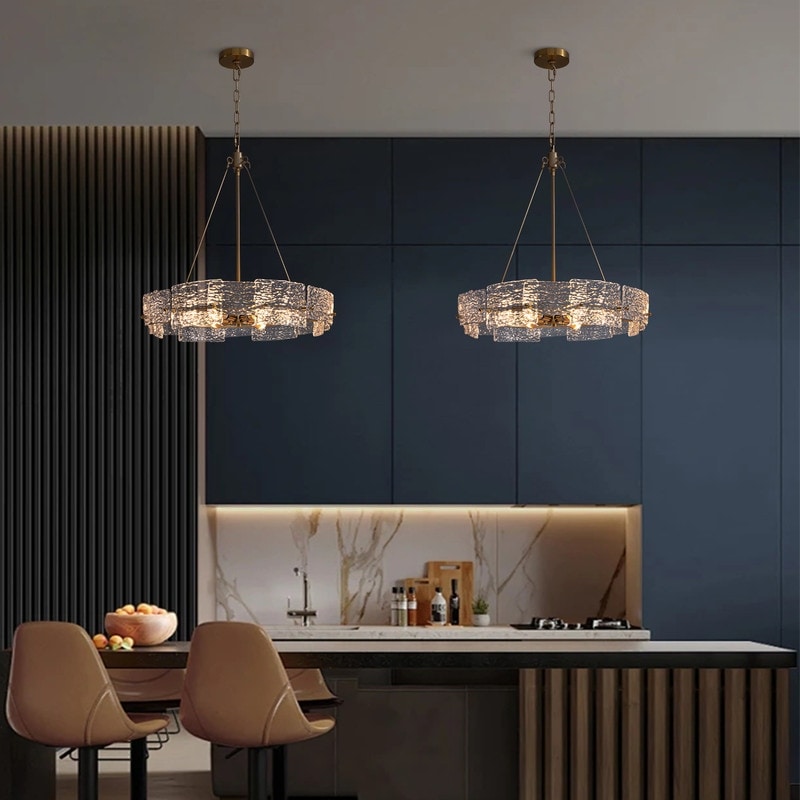 Lustre moderne en cristal doré de 60 cm (23,6 po) avec suspension tambour glamour à 6 lumières, idéal pour îlot de cuisine ou salle à manger.