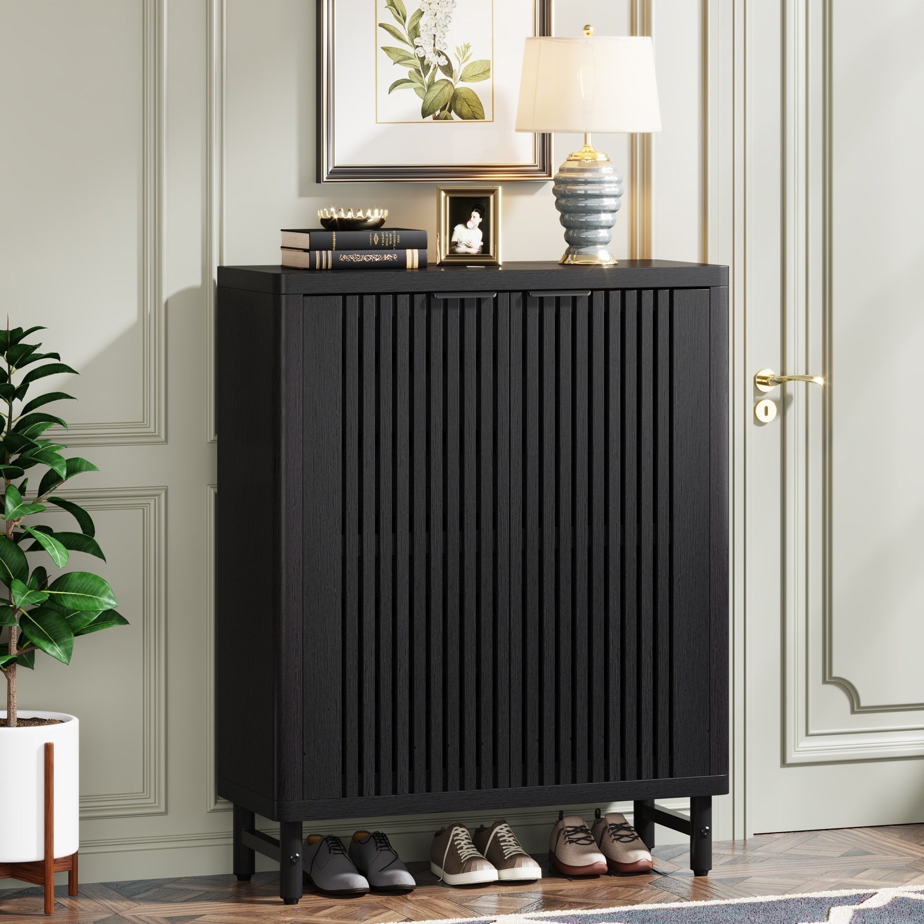 Meuble à chaussures avec porte pour 24 paires, idéal pour l'entrée ou le salon.