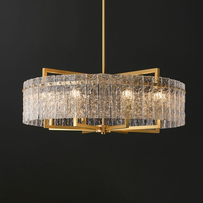 Lustre tambour moderne doré de 66 cm (26 po) en cristal, suspension glamour à 6 lumières avec variateur et verre dépoli, idéal pour îlot de cuisine ou salle à manger.