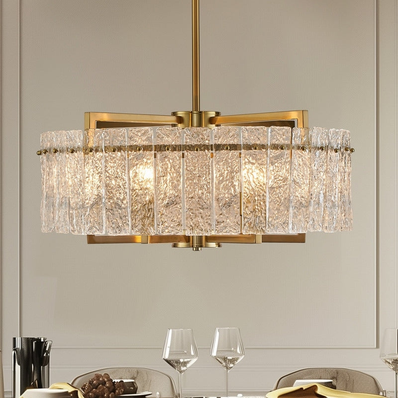 Lustre tambour moderne doré de 66 cm (26 po) en cristal, suspension glamour à 6 lumières avec variateur et verre dépoli, idéal pour îlot de cuisine ou salle à manger.