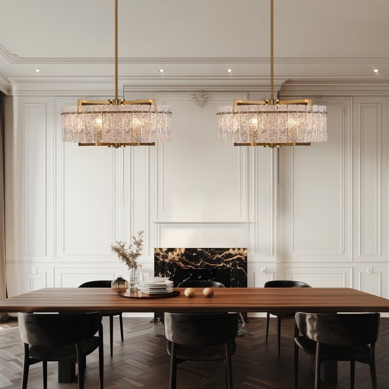 Lustre tambour moderne doré de 66 cm (26 po) en cristal, suspension glamour à 6 lumières avec variateur et verre dépoli, idéal pour îlot de cuisine ou salle à manger.