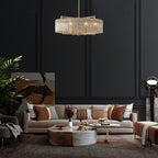 Lustre tambour moderne doré de 66 cm (26 po) en cristal, suspension glamour à 6 lumières avec variateur et verre dépoli, idéal pour îlot de cuisine ou salle à manger.