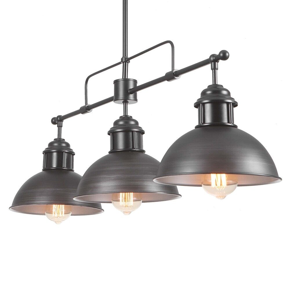 Suspension à trois lumières de style industriel/ferme, en métal, finition bronze huilé, pour îlot de cuisine.