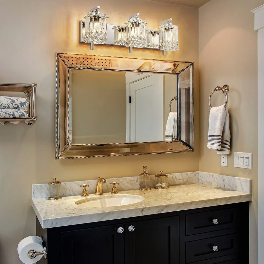 Applique murale moderne et glamour à 3 lumières pour salle de bain, avec miroir en cristal