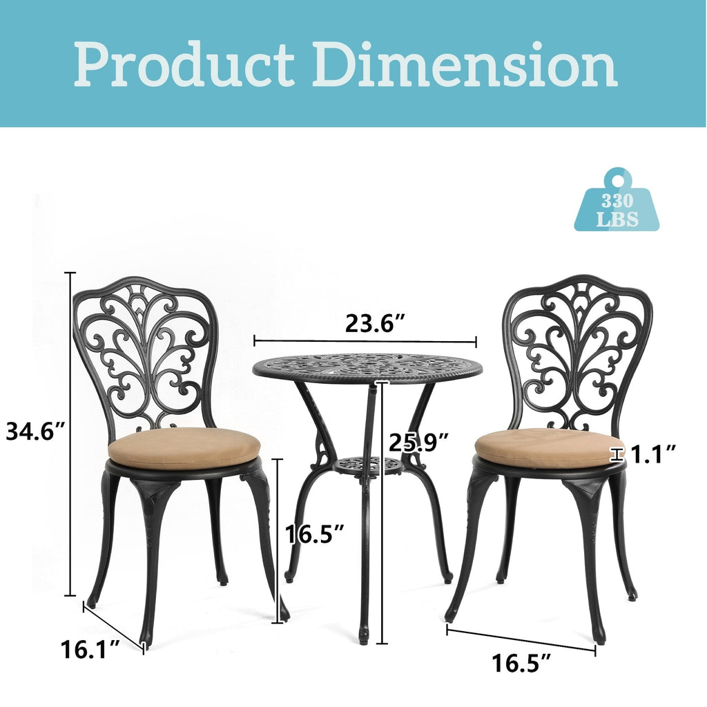 Ensemble table et chaises papillon d'extérieur en aluminium 3 pièces avec trou pour parasol