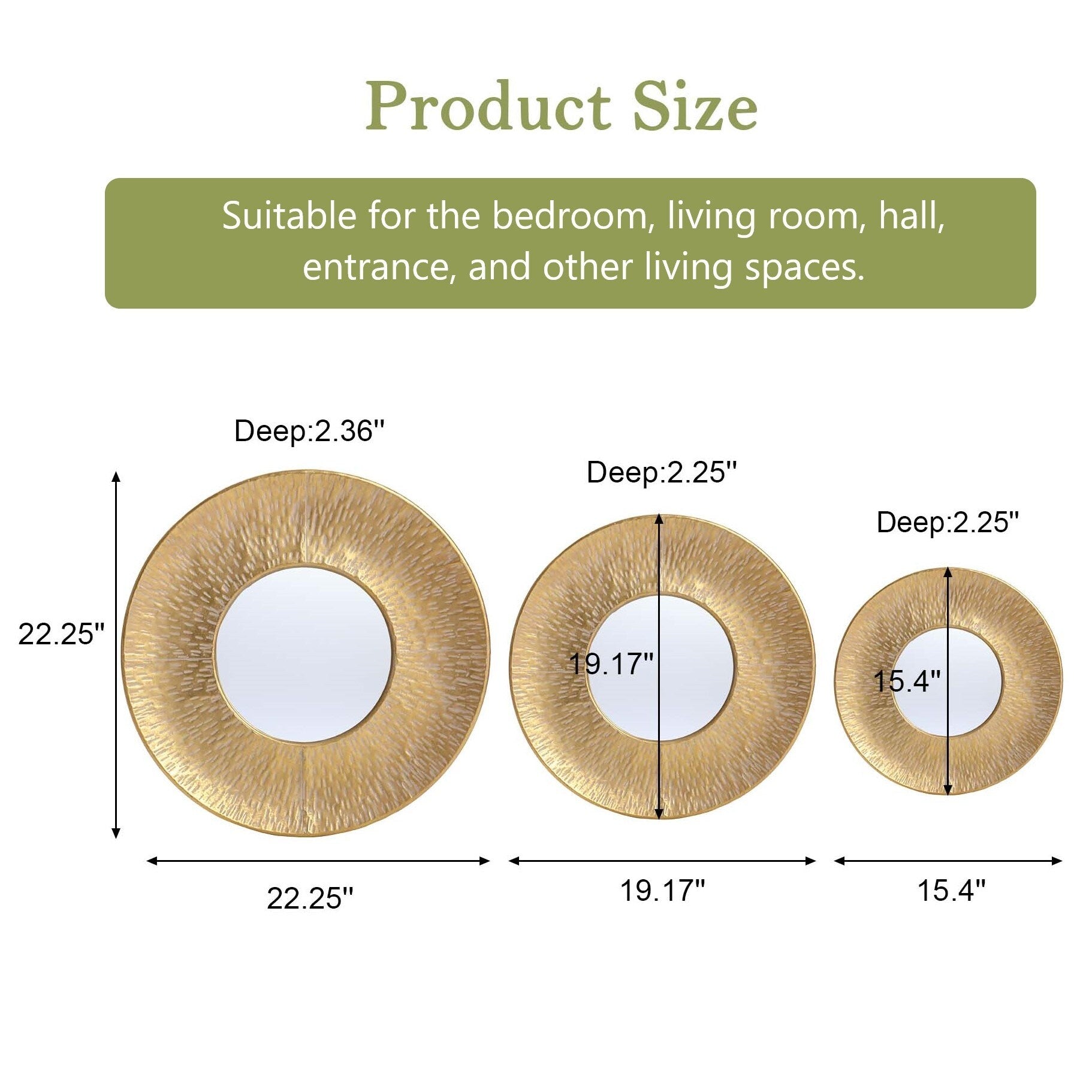 Ensemble de 3 miroirs muraux ronds en métal doré - 56,5 cm de diamètre x 6 cm de profondeur