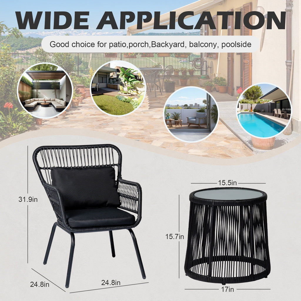 Ensemble bistro de conversation en résine tressée 3 pièces pour extérieur, mobilier de patio en rotin résistant aux intempéries avec coussins