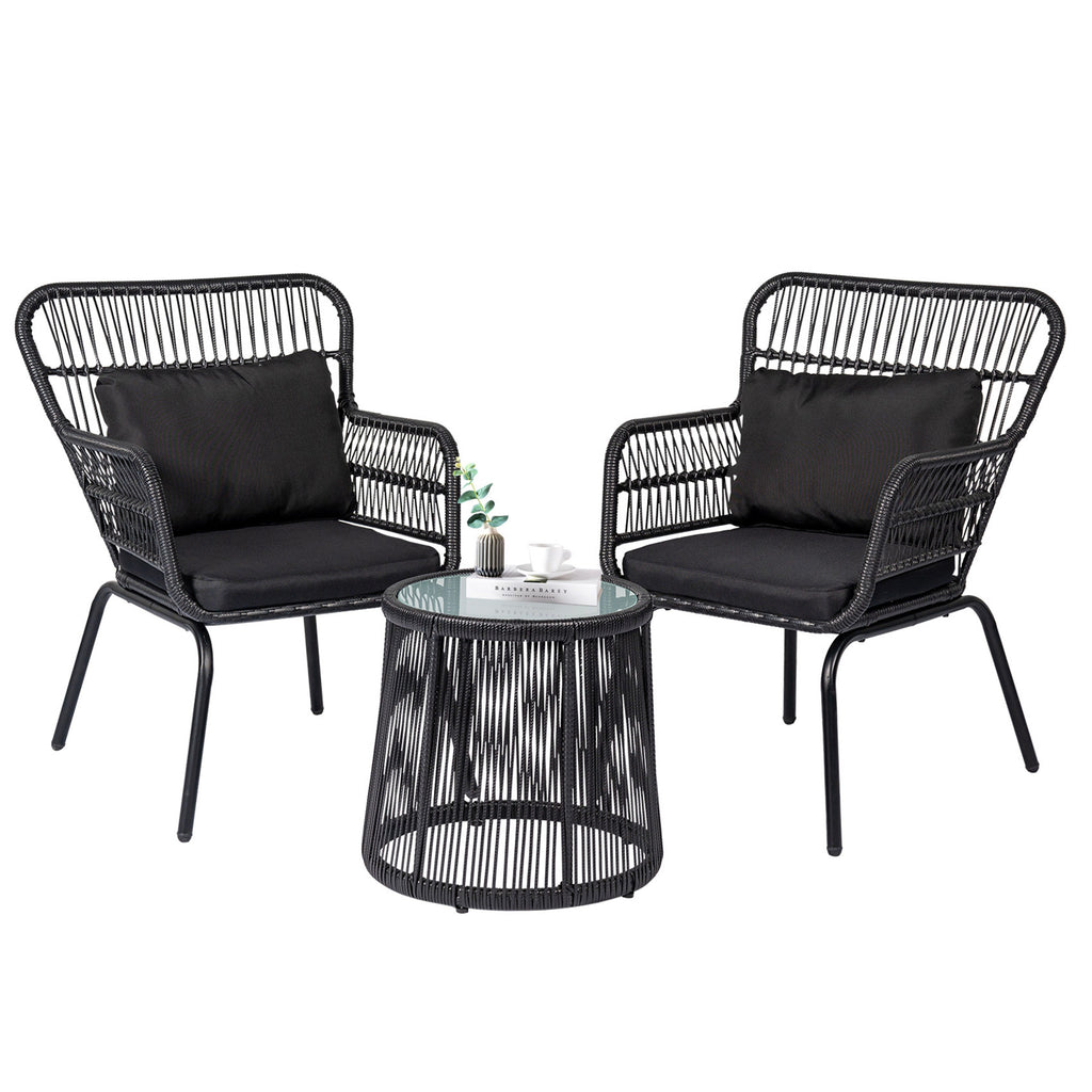 Ensemble bistro de conversation en résine tressée 3 pièces pour extérieur, mobilier de patio en rotin résistant aux intempéries avec coussins