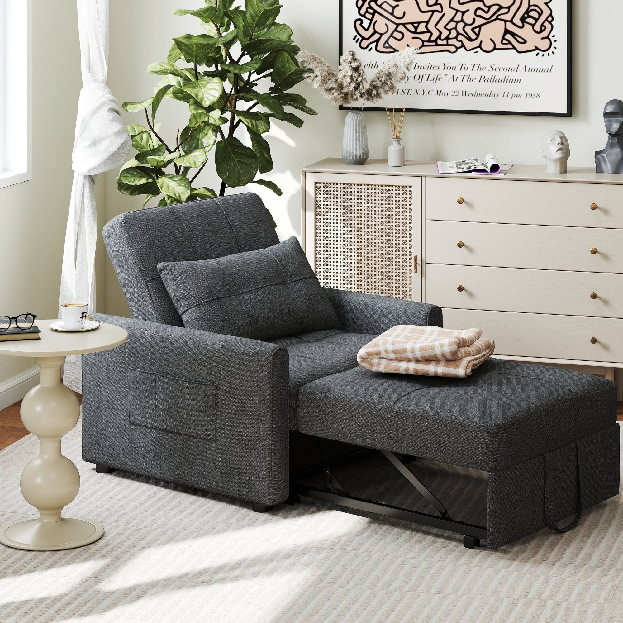 Canapé-lit convertible 3 en 1, avec fauteuil gigogne et lit pliant, idéal pour le salon.