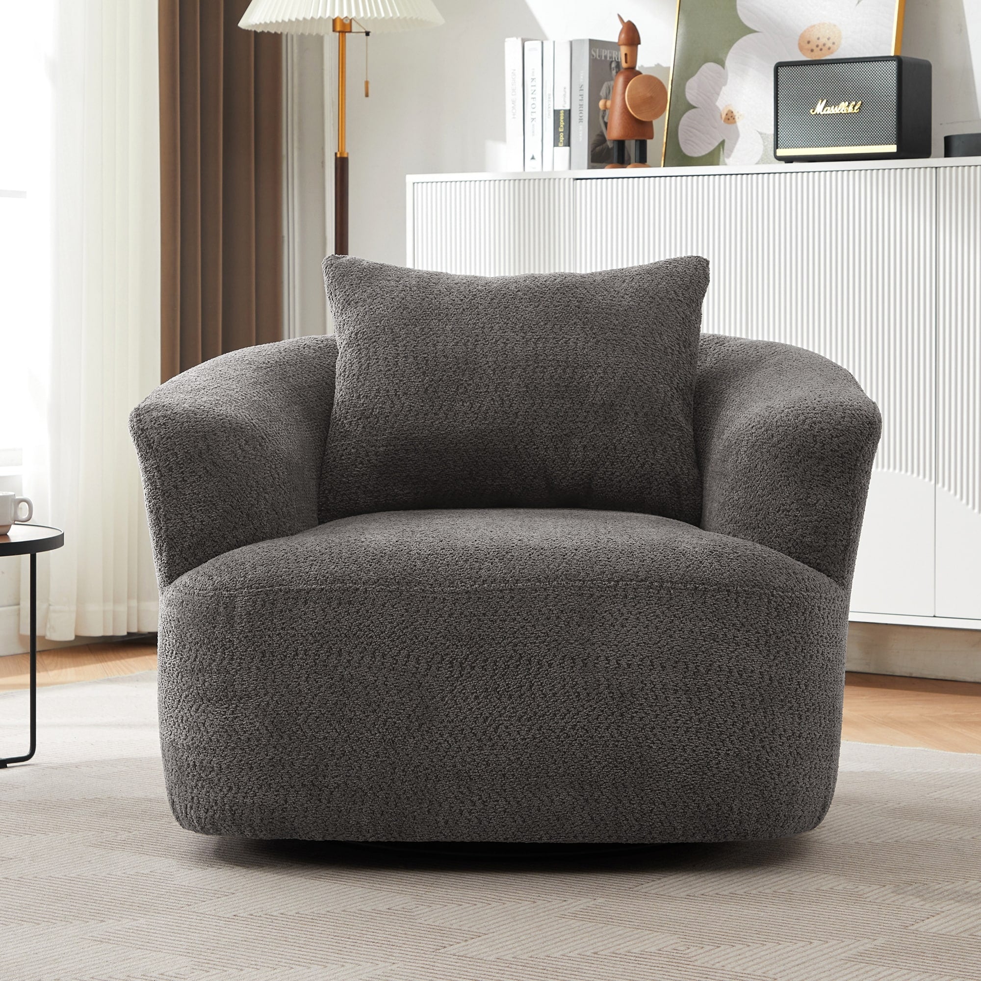 Fauteuil pivotant à 360°, fauteuil d'appoint en bouclette de 38,2 cm avec coussin décoratif, fauteuil-canapé rembourré de forme cylindrique avec accoudoirs incurvés