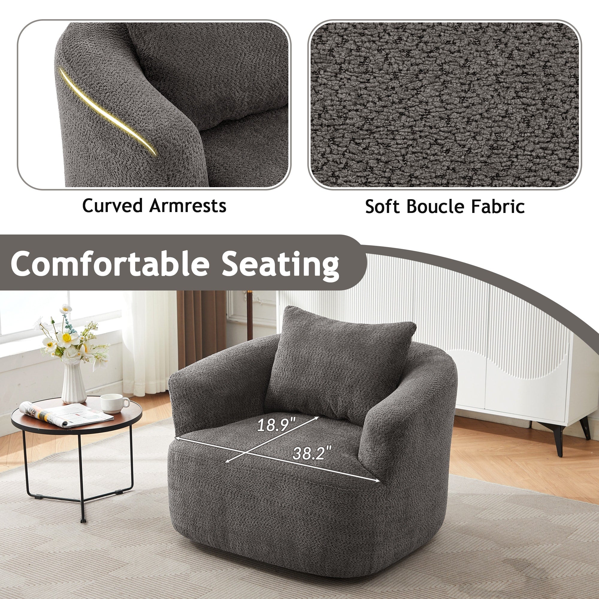 Fauteuil pivotant à 360°, fauteuil d'appoint en bouclette de 38,2 cm avec coussin décoratif, fauteuil-canapé rembourré de forme cylindrique avec accoudoirs incurvés