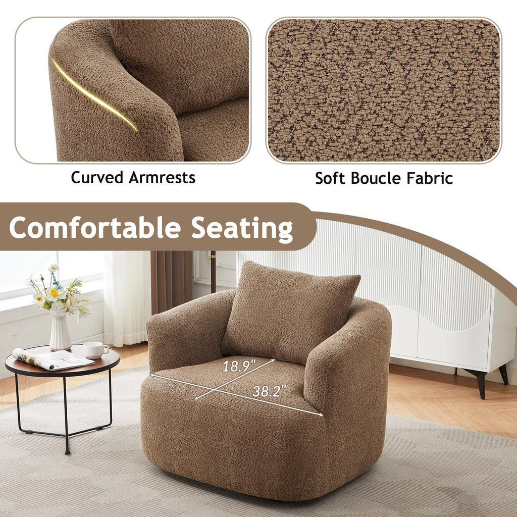 Fauteuil pivotant à 360°, fauteuil d'appoint en bouclette de 38,2 cm avec coussin décoratif, fauteuil-canapé rembourré de forme cylindrique avec accoudoirs incurvés