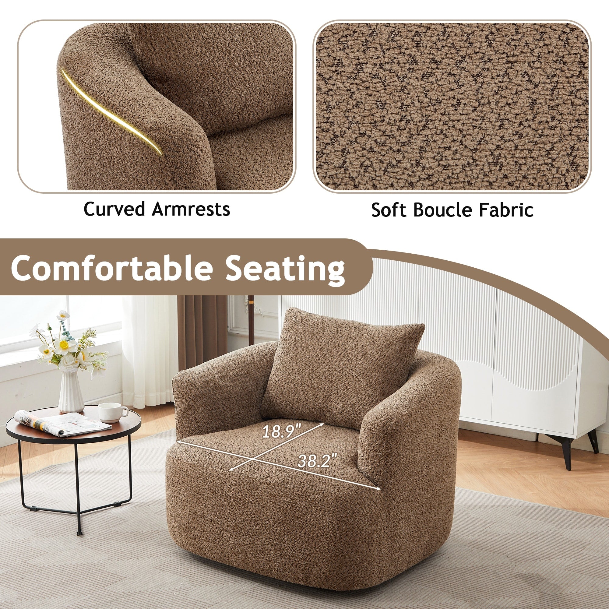 Fauteuil pivotant à 360°, fauteuil d'appoint en bouclette de 38,2 cm avec coussin décoratif, fauteuil-canapé rembourré de forme cylindrique avec accoudoirs incurvés