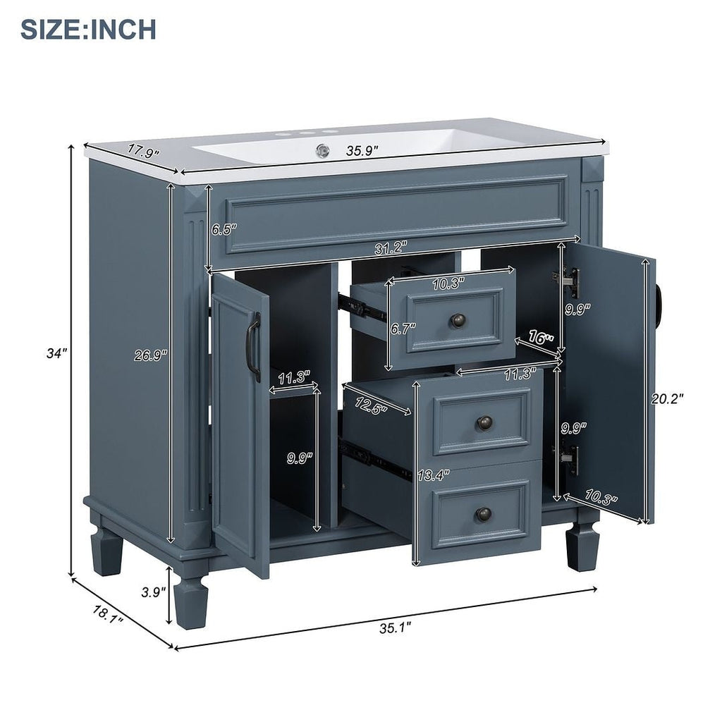 Meuble-lavabo moderne de 91 cm (36 po) avec vasque et armoire à miroir, 2 portes et 2 tiroirs