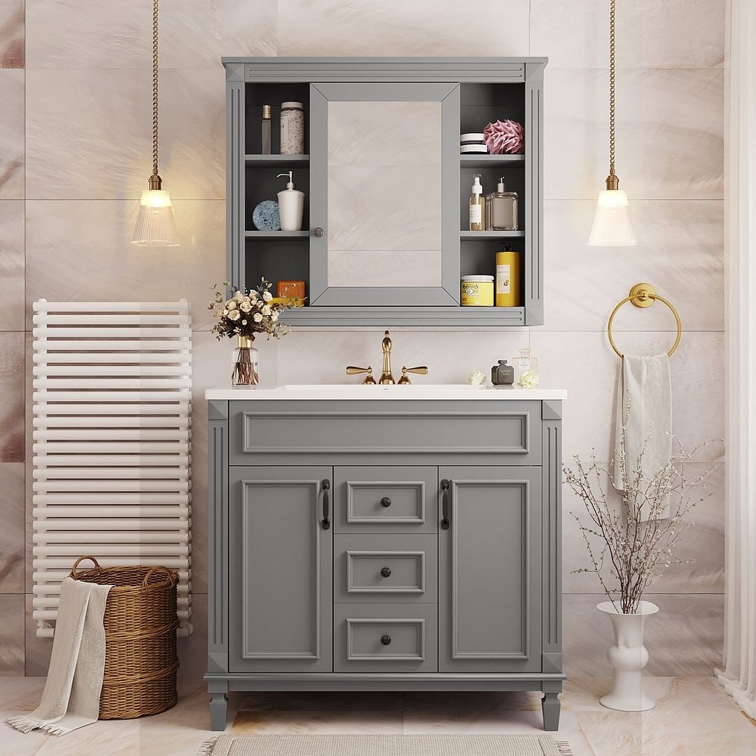 Meuble-lavabo moderne de 91 cm (36 po) avec vasque et armoire à miroir, 2 portes et 2 tiroirs