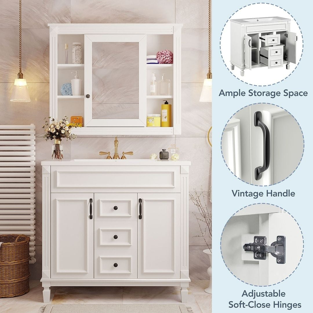 Meuble-lavabo moderne de 91 cm (36 po) avec vasque et armoire à miroir, 2 portes et 2 tiroirs