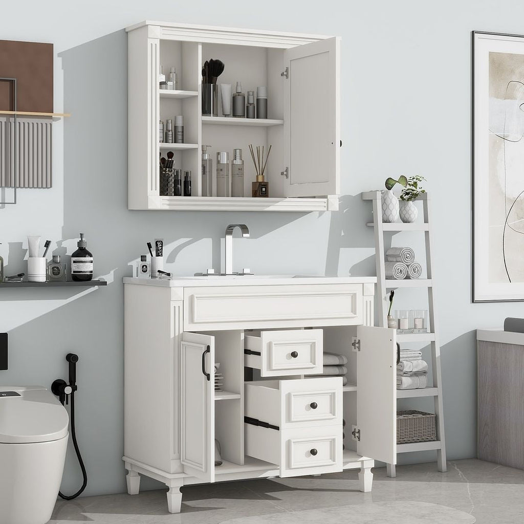Meuble-lavabo moderne de 91 cm (36 po) avec vasque et armoire à miroir, 2 portes et 2 tiroirs