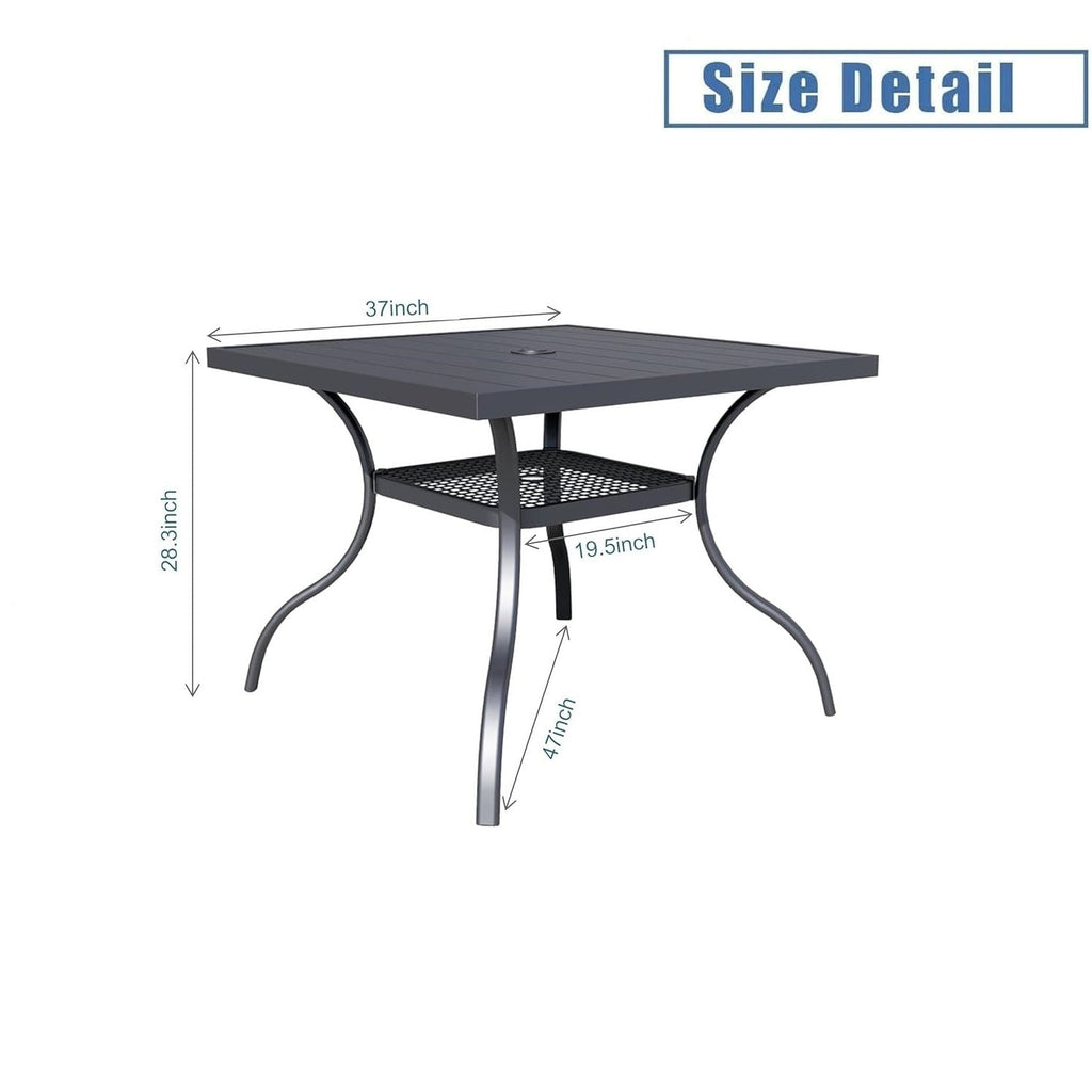 Table de salle à manger rectangulaire d'extérieur en métal à lattes, 60 x 37 pouces, avec trou pour parasol, pour 6 personnes.