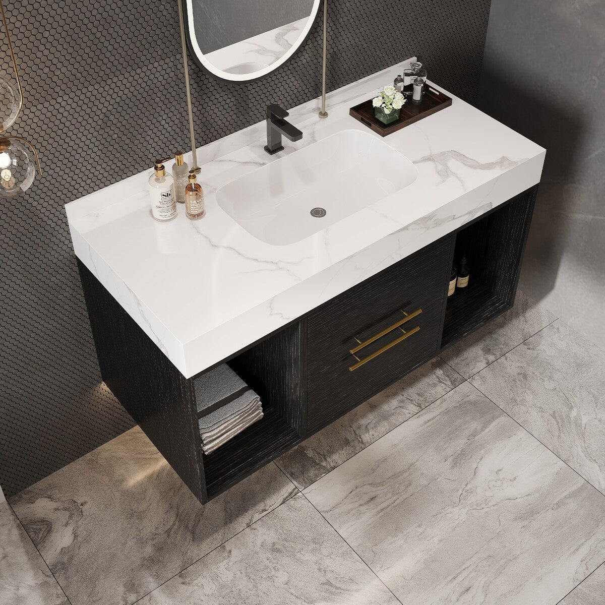 Meuble-lavabo suspendu de 100 cm (39,4 po) avec vasque en céramique, 2 tiroirs à fermeture amortie et plateau en ardoise blanche - 100 x 58 cm (39 x 18,9 po)