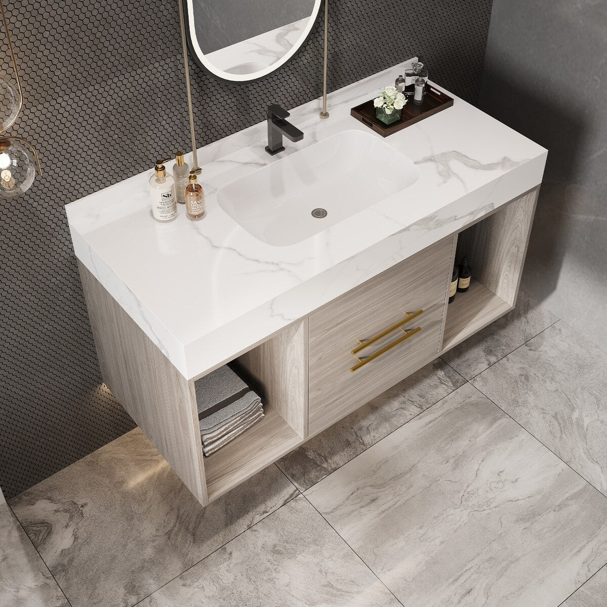 Meuble-lavabo suspendu de 100 cm (39,4 po) avec vasque en céramique, 2 tiroirs à fermeture amortie et plateau en ardoise blanche - 100 x 58 cm (39 x 18,9 po)