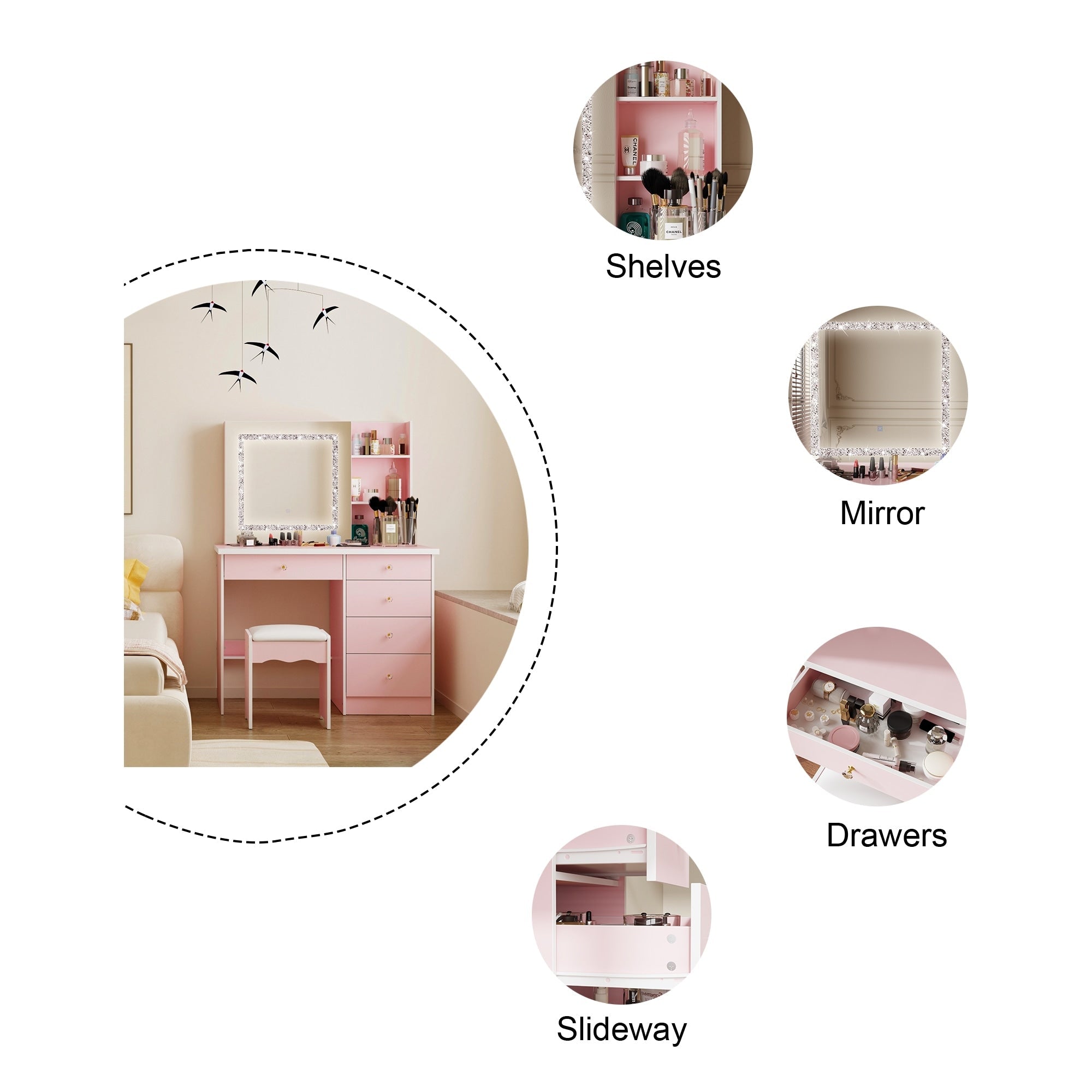 Ensemble coiffeuse de 100 cm de large avec tabouret et miroir