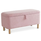 Pouf de rangement en boucle écrue (39,5 cm), en sherpa, avec pieds en bois, idéal pour le salon ou la chambre.