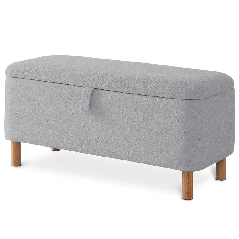 Pouf de rangement en boucle écrue (39,5 cm), en sherpa, avec pieds en bois, idéal pour le salon ou la chambre.