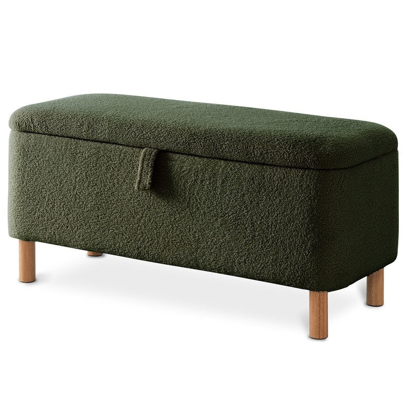 Pouf de rangement en boucle écrue (39,5 cm), en sherpa, avec pieds en bois, idéal pour le salon ou la chambre.