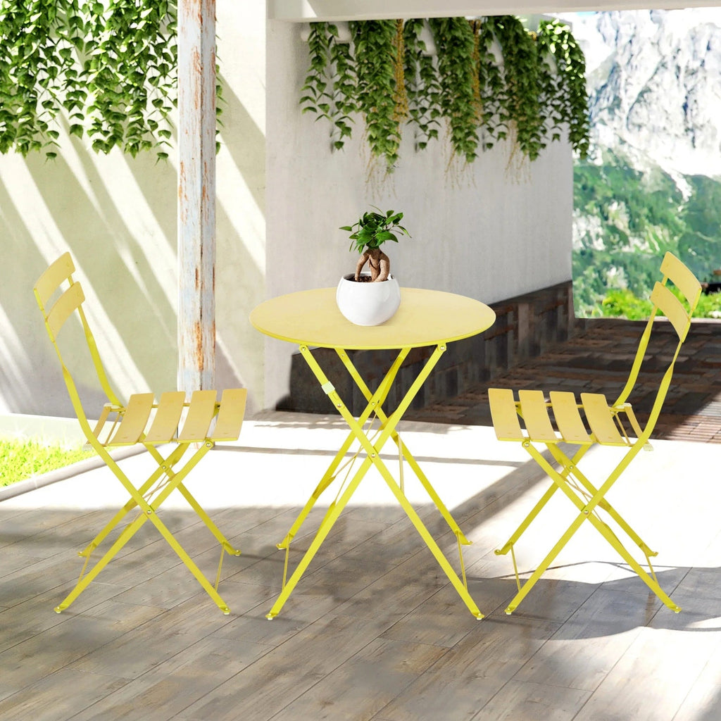 Ensemble bistro pliable en métal 3 pièces, résistant aux intempéries, idéal pour l'intérieur et l'extérieur, avec terrasse, jardin ou cour.