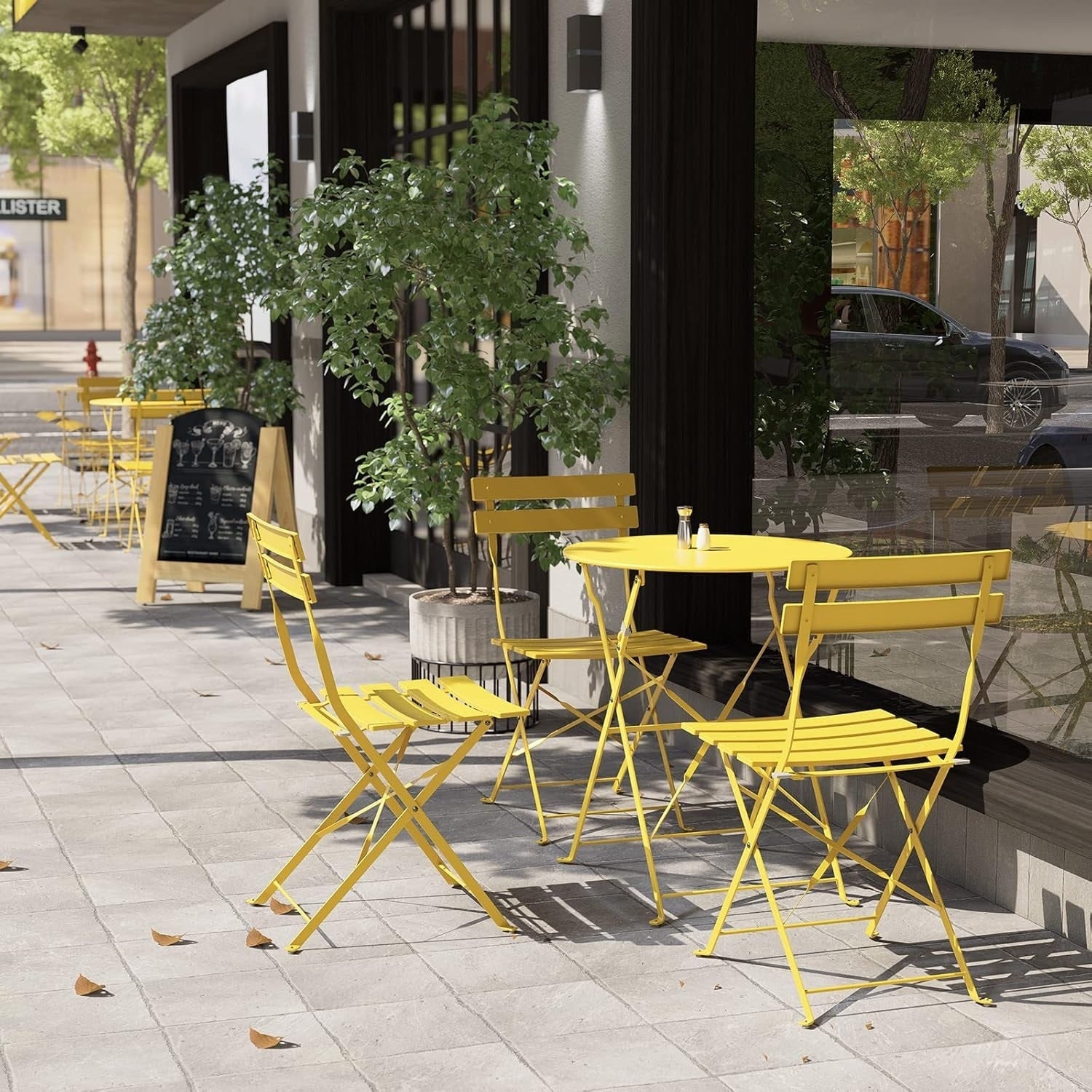 Ensemble bistro pliable en métal 3 pièces, résistant aux intempéries, idéal pour l'intérieur et l'extérieur, avec terrasse, jardin ou cour.