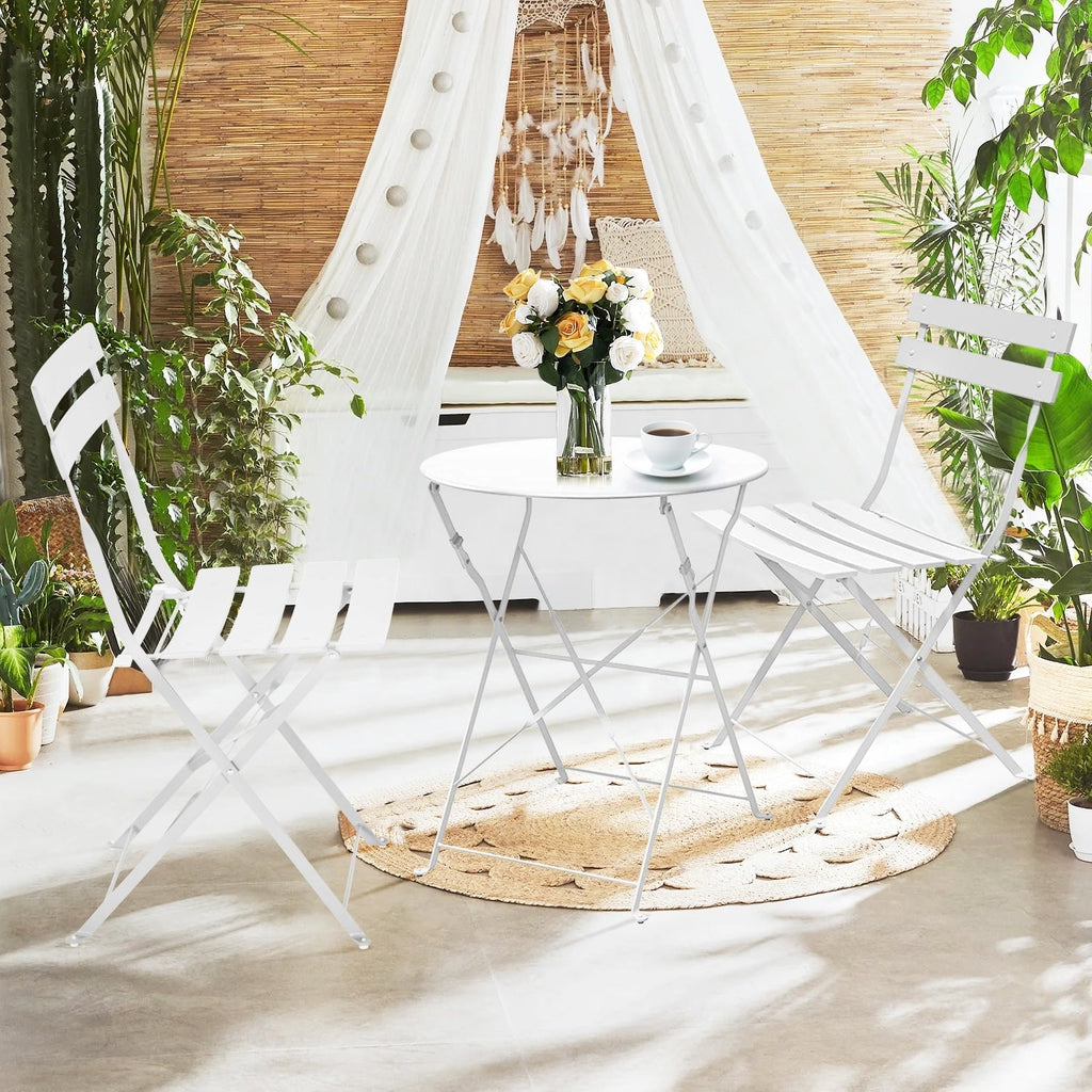 Ensemble bistro pliable en métal 3 pièces, résistant aux intempéries, idéal pour l'intérieur et l'extérieur, avec terrasse, jardin ou cour.